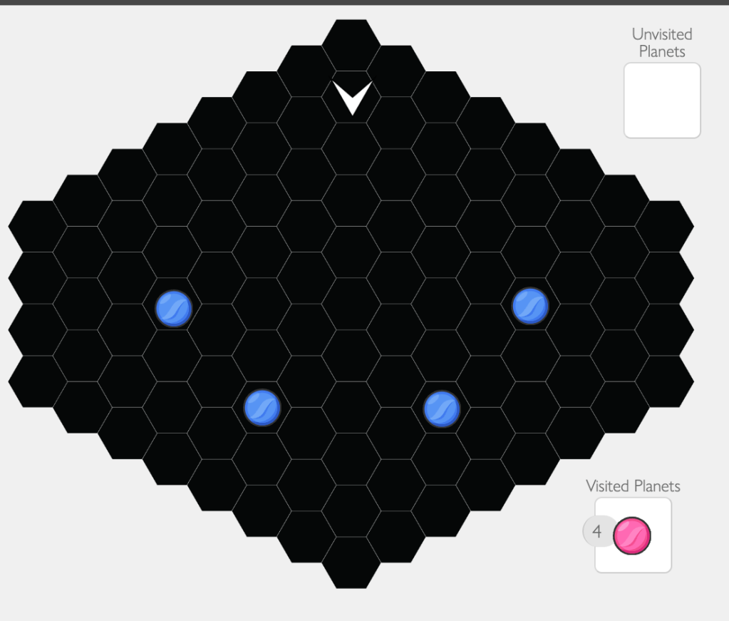 An early prototype of the Escape the Entity game board. The board consists of a black hex grid arranged in a wide diamond-like shape. There is an arrow-shaped ship and four blue marbles on the board.
