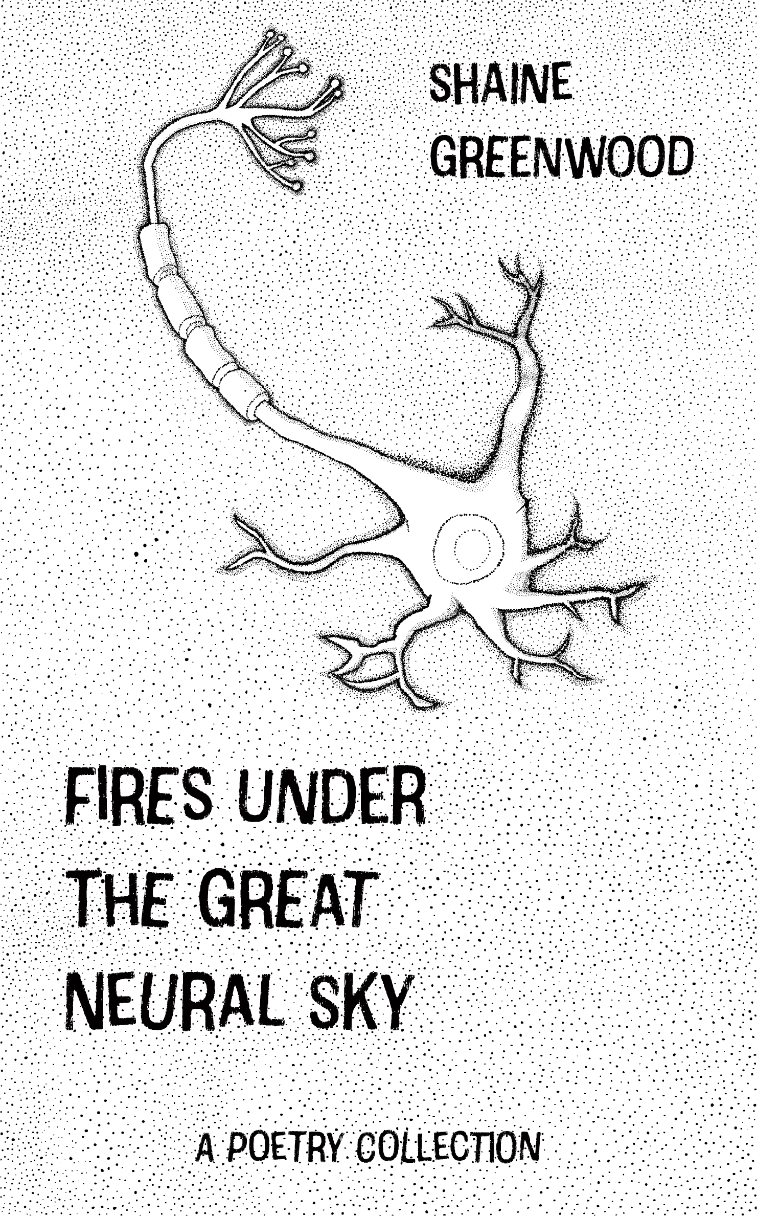 The cover of Fires Under the Great Neural Sky, depicting a neuron in black and white in front of a sea of black dots over a white background, representing other neurons.