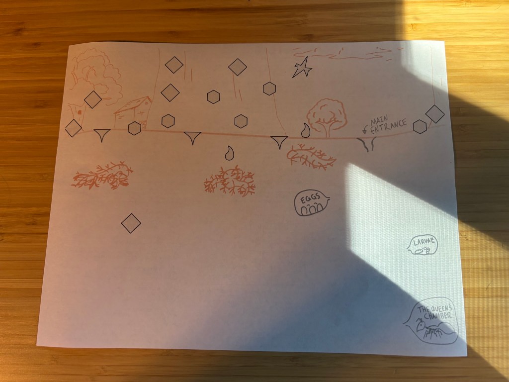 A map of your world, with some trees above and your hive chambers below.